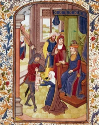 Salomons Urteil. Zwei Frauen behaupten, die Mutter desselben Kindes zu sein. Miniatur aus einem Manuskript des 15. Jahrhunderts. Coimbra, Bibliothek der Universität.
