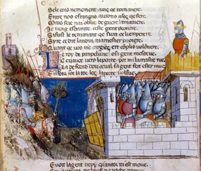 Chanson de geste: Eine Armee bereitet sich darauf vor, die feindliche Armee anzugreifen, die sich in einer Burg mit Zugbrücke verschanzt hat. Miniatur aus dem französisch-italienischen Manuskript „Entree d