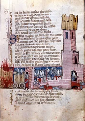 Chanson de geste: Kampfszene in der Nähe einer befestigten Stadt (wahrscheinlich die Eroberung Spaniens durch die Armee Karls des Großen). Miniatur aus dem französisch-italienischen Manuskript „Entrée d