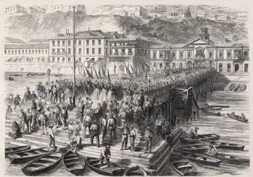 Südamerikanischer Hispano-Krieg zwischen Chile und Spanien, September 1865: Die Damen von Valparaíso singen patriotische Hymnen in Anwesenheit der spanischen Flotte, die den Hafen blockiert - Gravur in „The Illustrous World“