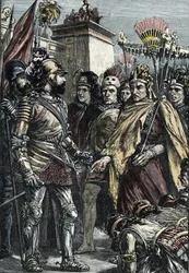Spanische Eroberung Mexikos: Treffen zwischen Hernan Cortes und Montezuma II im Jahr 1519