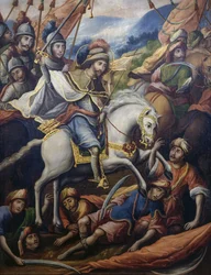 Der heilige Jakobus zu Pferd tötet Mauren, Detail aus dem Paravento della conquista (Wandschirm der Eroberung), von einem unbekannten Künstler des 17. Jahrhunderts, 213x550 cm, Mexiko