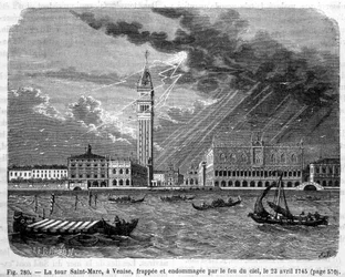 Der Markusturm in Venedig wurde am 23. April 1745 vom Himmel getroffen und beschädigt - in „Die Wunder der Wissenschaft“ von Louis Figuier