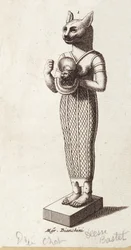Statue der Göttin des Tanzes, Katzenkopf Bastet (Altes Ägypten). Göttin in der altägyptischen Religion