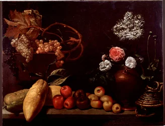 Stillleben mit Rosen, Strauchblumen, Zitronen und Trauben