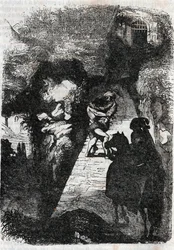 Kampf zwischen Roland und Rodomont - Gravur von 1851 aus „Furious Roland“ (Orlando furioso) (16. Jahrhundert) von Ludovico Ariosto, bekannt als Ariosto - Ausgabe übersetzt aus dem Italienischen von Graf von Tressan und veröffentlicht von Gustave Harvard