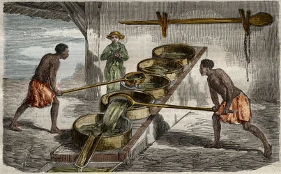 Zuckerherstellung: Kessel zum Kochen von Zuckerrohrsaft in einer Zuckerfabrik in Westindien. Gravur von 1859 in "Le Musée Des Sciences"