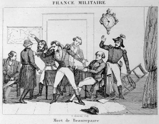 Selbstmord Beaurepaires (1792) nach der Entscheidung, Verdun an die Preußen zurückzugeben. Stich aus dem 19. Jahrhundert.