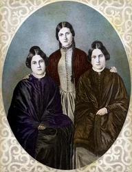 Die FOX-SCHWESTERN Margaretta, Kate und Leah, Pionierinnen des Spiritualismus (Fox-Schwestern: von links nach rechts: Margaret oder Maggie (1837-1893), Kate (1828-1892) und Leah (1814-1880), Pionierinnen des Spiritualismus)