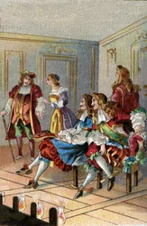 DAS THEATER DURCH DIE ZEITEN: Eine Aufführung unter Ludwig XIV. Gebrandmarkte Zuschauer besuchten die Aufführung auf der Bühne in der Nähe der Schauspieler.