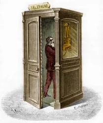 Telefonzelle im Jahr 1888. Gravur in "Das Journal der Jugend"