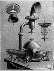 Telefonie in Schweden: Modell eines Telefons der Ericsson Company. Gravur in „La Nature: revue des sciences et de leurs applications aux arts et a l