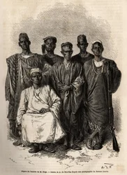 Die afrikanische Eskorte von Mage, Leutnant auf dem Schiff, auf Mission zum Niger geschickt. Gravur zur Illustration der Reise von Leutnant Mage im westlichen Sudan zwischen 1863 und 1866, veröffentlicht in „Le tour du monde, nouveau journal des voyages“, 