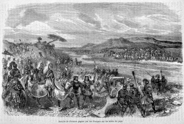 Die Schlacht von Fornoua (Fornovo), gewonnen von den Franzosen über die Verbündeten des Papstes im Jahr 1495 - in „Geschichte der Päpste, Könige, Königinnen, Kaiser durch die Jahrhunderte“ von Maurice Lachatre