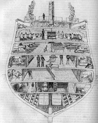 Die „Borda“: Querschnitt des Bootes. Zeichnung von M. L. de Saussure. Gravur in „Le journal de la jeunesse“