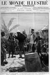 Die Brazza-Mission in Westafrika: Pietro Paolo Savorgnan di Brazza oder Pierre Paul Francois Camille Savorgnan de Brazza (1852-1905) organisiert einen Konvoi von Batekes-Trägern nach Franceville (Gabun) am 14. Dezember