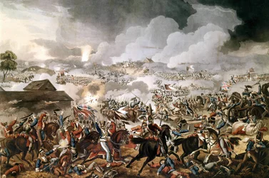 Die britische Armee unter dem Kommando des Herzogs von Wellington (1769 - 1852) gewann die Schlacht von Waterloo gegen die französischen Truppen Napoleons I. am 18.06.1815. Zeitgenössische Gravur