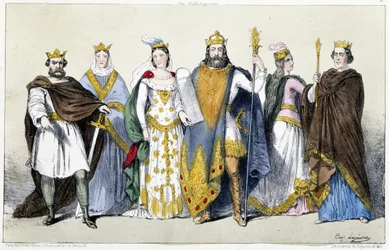 Die Karolinger: Pippin der Kurze (715-768) und Bertrada von Laon (Berthe aux grand pieds) (720-783), Karl I. genannt Karl der Große (742-814) und Hildegard von Vintzgau (758-783), Ludwig I. genannt der Fromme oder der Milde (778-840) und Ermengarde von Hes