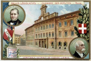 Die Kammer der Deputierten in Rom (Italien), mit Porträts von Graf Camillo Benso de Cavour (1810-1861) und Francesco Crispi (1819-1901)