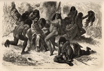 Die Chunchos-Indianer überfielen das Team von Marcoy im Caravaya-Tal (Anden-Kordillere), aber diese hatten nichts zu stehlen, die Indianer hatten Spaß daran, die Entdecker auszuziehen und sie mit Rocoo-Samen zu schminken. Gravur zur Illustration der Reise 