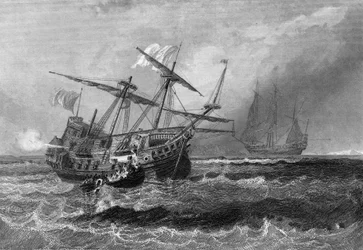 Der Corbin, der am 1. Juli 1602 auf dem Riff der Malediven-Inseln verloren ging. In „Allgemeine Geschichte der Marine“ von Van Tenac