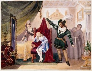 Der Graf machte Suzanne Avancen, während Cherubin auf dem Stuhl versteckt war, aus Die Hochzeit des Figaro von Mozart