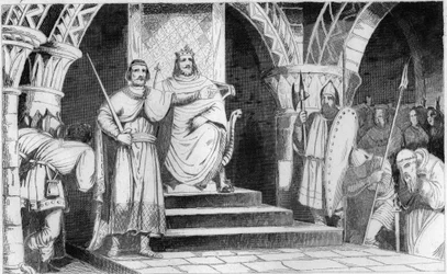 Die Krönung von Chilperic II. (670-721) - Chilperic II. (670-721) wird 715 von Rainfroi (Ragenfred) (Bürgermeister des Neustrier Palastes) auf den Thron gesetzt - Gravur von 1825 in „Histoire de France“