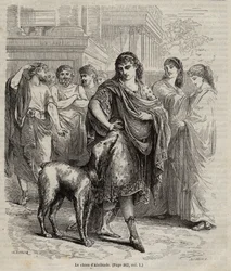 Der Hund des Alkibiades - Der Hund des Alkibiades, Staatsmann, Redner und General der Athener, 450-404 v. Chr., Gravur von 1864