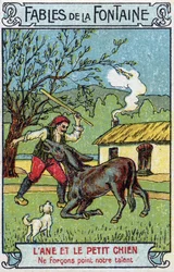 Der Esel und der kleine Hund - Fabeln von Jean de La Fontaine (1621-95) Chromolithographie aus dem späten 19. Jahrhundert Private Sammlung