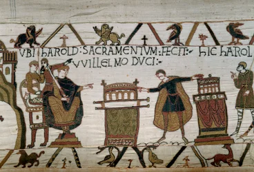 Der Herzog der Normandie, Wilhelm der Eroberer, macht Harold zum Ritter. Detail des Teppichs von Bayeux