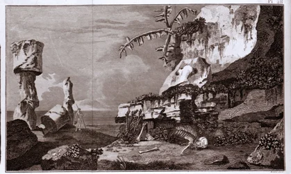 Die Osterinsel (Rapa Nui) in Polynesien nach den „Viaggi del Capitano Cook“, Gravur des 19. Jahrhunderts