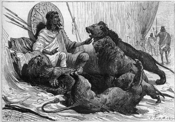 Der Kaiser (Ras) Theodoros von Abessinien umgibt sich mit seinen Löwen. In „Nature“ von 1888