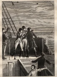 Die Expedition in die südlichen Länder (1800-1803) von Nicolas Baudin (1754-1803): Matrosen vor New Holland (Australien) berichten von einem Schleier am Horizont - Illustration aus „Die großen Seefahrer des 18. Jahrhunderts“