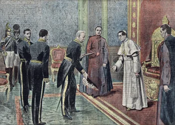Der französische Botschafter Jonnart überreicht seine Beglaubigungsschreiben an Papst Benedikt XV (1914-1922) Illustration aus „Le pelerin“ Juni 1921