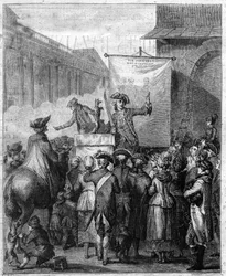 Der französische Scharlatan im 18. Jahrhundert. Gravur in „Le XVIIIème siècle: mores, usages et costumes“ von Paul Lacroix