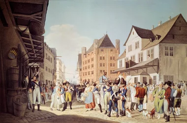 Die französischen Truppen des 24. Infanterieregiments verlassen Frankfurt mit General Augereau. Gravur von 1808