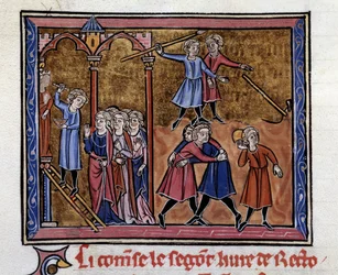 Der griechische Künstler Zeuxis (5. Jahrhundert v. Chr.) skulptiert eine Statue von Juno vor jungen Männern, die spielen und kämpfen. Miniatur aus dem Manuskript „Rhetorik“ von Marcus Tullius Cicero (106-43 v. Chr.) übersetzt von Johannes von Antiochia