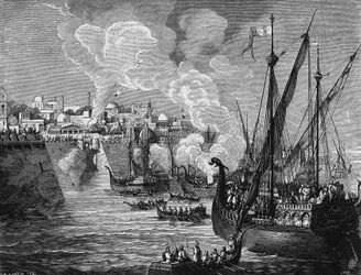 Das griechische Feuer, verwendet von den Belagerern und den Belagerten bei der Belagerung von Konstantinopel durch Muhammad II. im Jahr 1453. In „Album de la Science“, Éditions Jouvet.