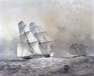 Die HMS Acorn Brigg mit 16 Kanonen verfolgt den Negrier Gabriel