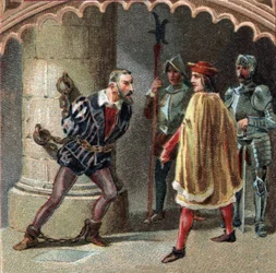 Der französische König Ludwig XII. lässt Ludovico Maria Sforza, genannt der Mohr (Ludovico Maria Sforza detto il Moro) (1452-1508), im Schloss Loches in der Touraine einsperren. Chromolithografie aus dem späten 19. Jahrhundert.