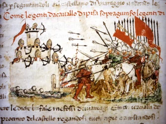 Die Ritter von Pisa besiegten die Infanterie von Lucca im Jahr 1397 - in „Croniche del Sercambi“, um 1400. Nationalarchiv, Lucca