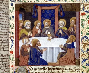 Das letzte Abendmahl. (Christus umgeben von seinen Aposteln) - Illumination des Mittelalters, sd.