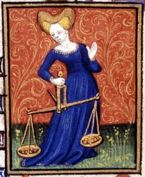 Die Waage. Miniatur eines Horoskops. Manuskript aus dem 15. Jahrhundert. Bibl. Trivulziana, Mailand