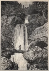 Der Linklater-Wasserfall - Illustration des 19. Jahrhunderts für den historischen Roman „The Puritans of Scotland“ (Old Mortality) von Walter Scott