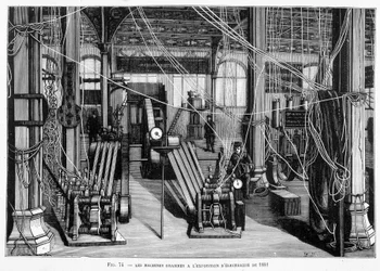 Die Maschine Grams auf der Elektrizitätsausstellung 1881 - in „Die neuen Eroberungen der Wissenschaft“ von Louis Figuier