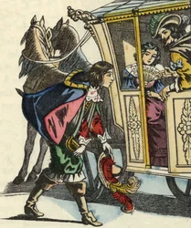 Der Marquis von Carabas begrüßt den König und die Prinzessin in ihrer Kutsche. Illustration des Märchens „Der gestiefelte Kater“ von Charles Perrault