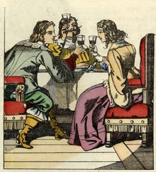 Der Marquis von Carabas lädt die Prinzessin und den König zum Essen ins Schloss ein. Illustration des Märchens „Der gestiefelte Kater“ von Charles Perrault.