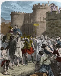 Das Martyrium des heiligen Symphorian - Martyrium des heiligen Symphorian um das Jahr 180 (San Sempronio martire) (Symphorianus, Symphorien). Ein Mann in der Menge schwenkt ein Schild mit der Aufschrift S.P.Q.R (Senatus Populusque Romanus) - in „Histoire d