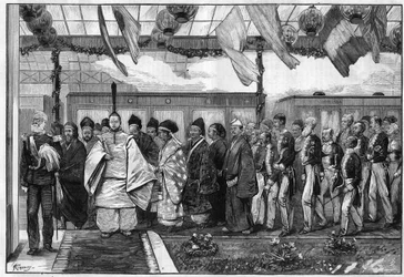 Der Mikado, der geistliche Herrscher Japans, eröffnete die erste Eisenbahn seines Landes