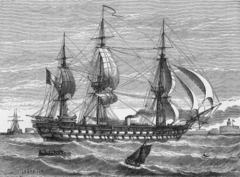 Die „Napoleon“, ein Mischschiff (Propeller-Segelboot) gebaut von Dupuy de Lome und Mon, 1849 in Le Havre vom Stapel gelaufen. In „Album de la Science“, Éditions Jouvet